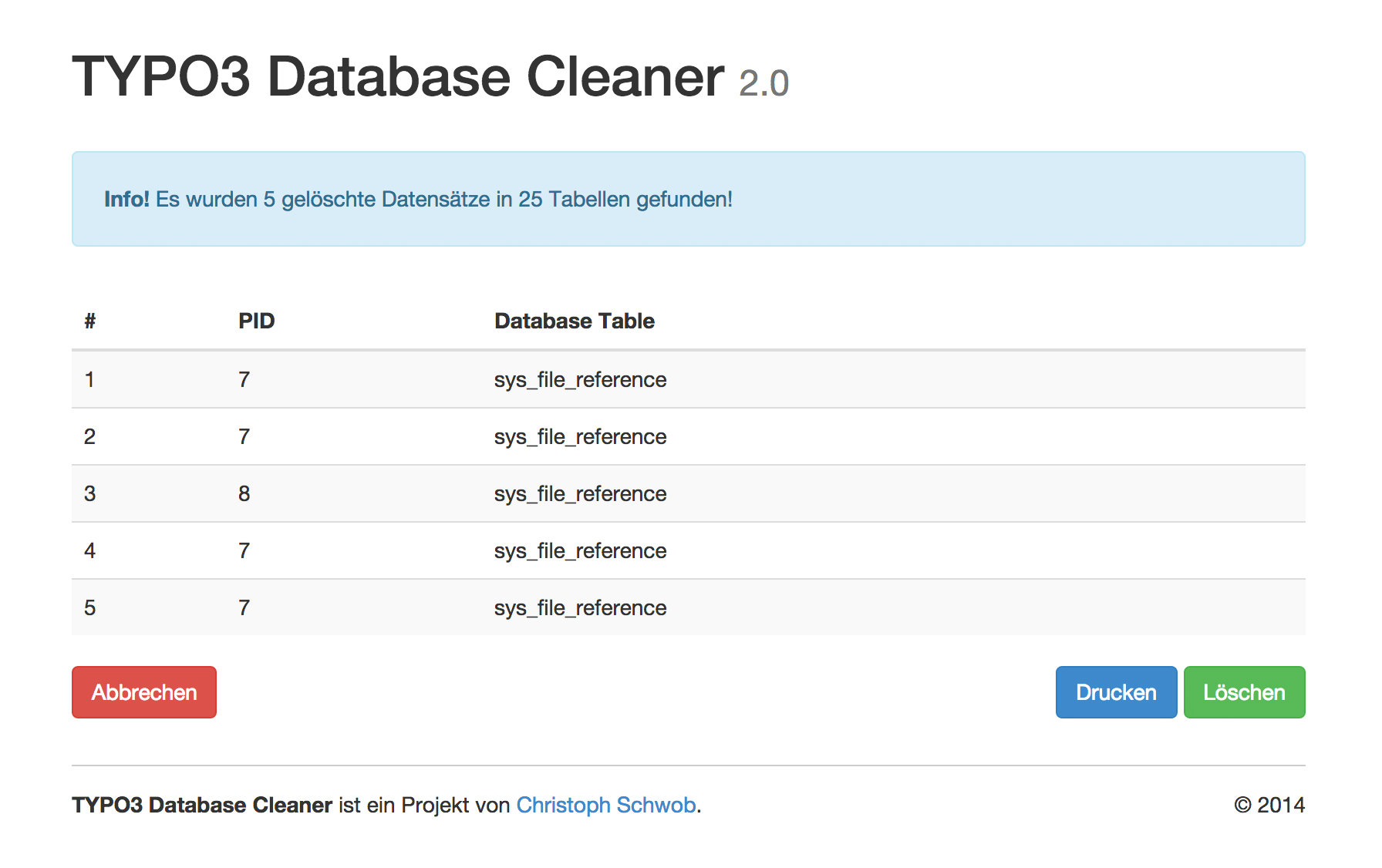 TYPO3 Database Cleaner Screenshot